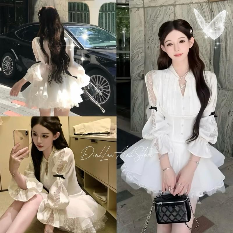  Set Áo Tiểu Thư Tay Dài Phối Chân Váy Ren Xoè Tầng Sang Chảnh Đi Chơi Dự Tiệc - DinhLanAnhStore 