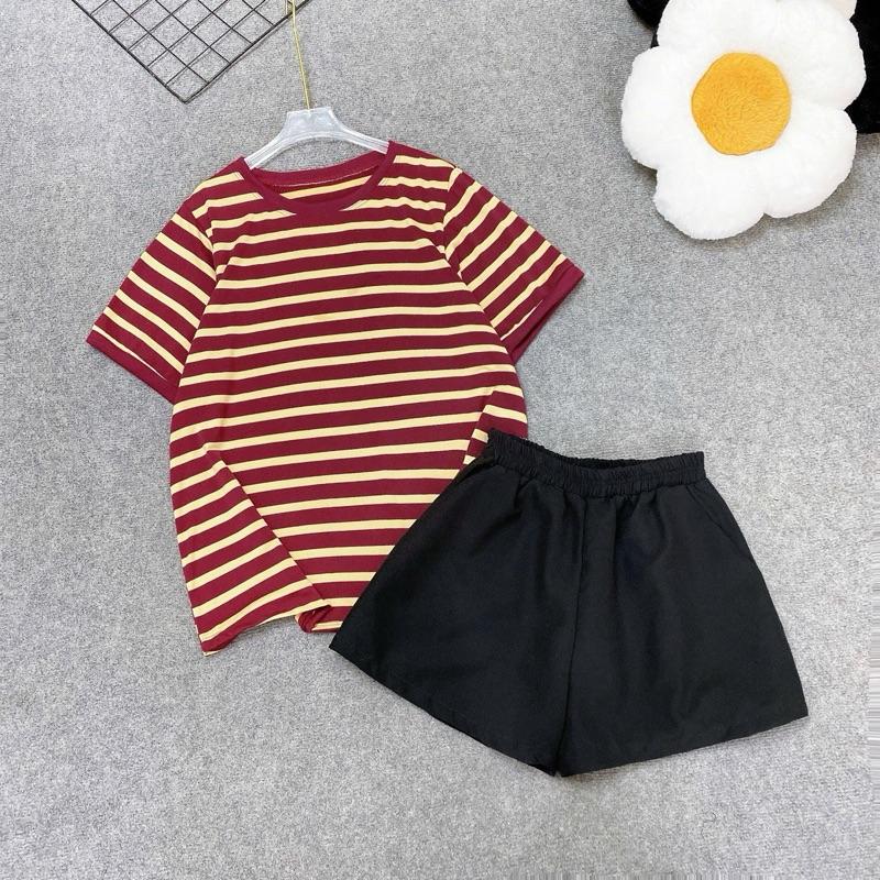 Bộ bigsize nữ [50-93kg] áo PHÔNG KẺ dáng rộng chất cotton co giản kèm quần sooc nữ Đậu bigsize (A308 Q500) Đậu bigsize