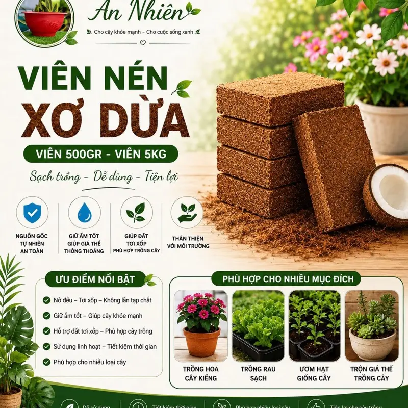 ￼(COMBO ) Đất trồng cây, viên nén xơ dừa, viên 500g, viên 5kg đất sạch hữu cơ vi sinh