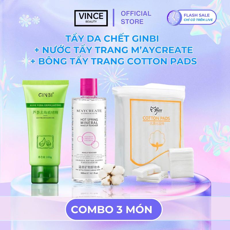 [SET 3 MÓN] Set 3 Món Nước Tẩy Trang M'AYCREATE 300ml + Bông Tẩy Trang FM Cotton Pads 222 Miếng + Gel Tẩy TBC GINBI 100g