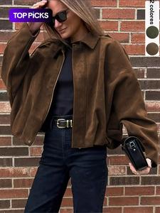 Chaqueta de gamuza para mujer | Chaqueta piloto suelta y casual, Abrigo tipo bomber, Terciopelo de gamuza a prueba de viento, Parte superior de cuero artificial cómodo, Diseño con cuello de solapa y cremallera, Estilo retro de manga larga