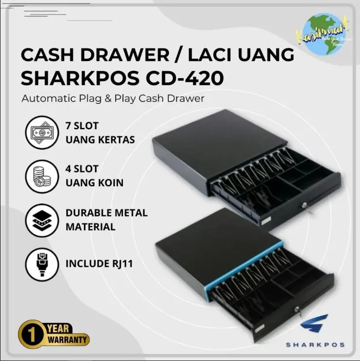 SHARKPOS Cash Drawer CD420 Hitam - Laci Uang Kasir Metal Anti Karat 7 Slot Kertas 4 Slot Koin RJ11 Auto Open Garansi 1 Tahun