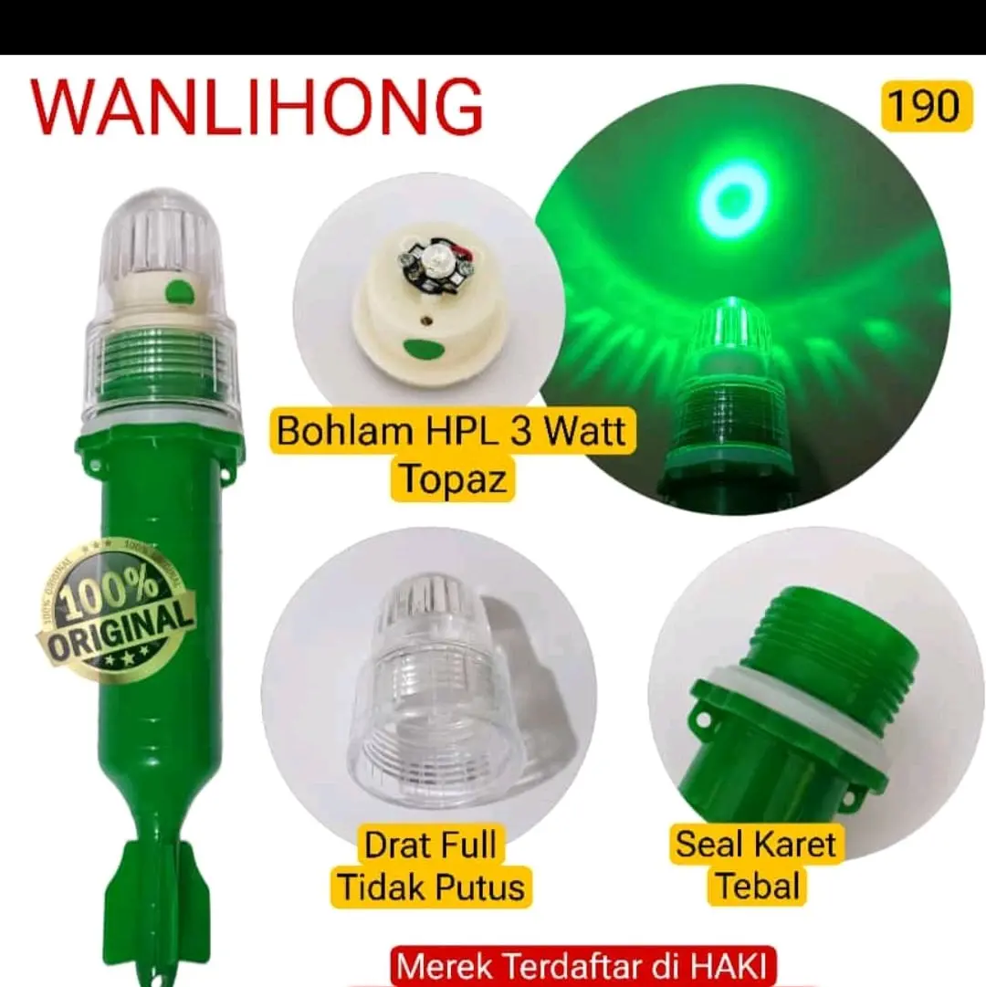 Lampu Nelayan Lampu Torpedo WANLIHONG Bohlam 3 Watt Topas Warna Hijau Tidak Kedip