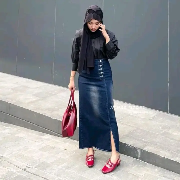 [Lboss] Rok jeans belah samping REBECCA SKIRT JEANS Karet Melar Panjang Stretch Wanita Kancing