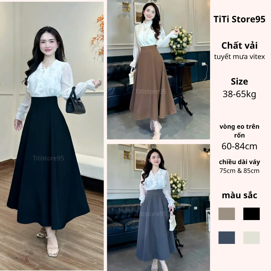 Chân váy xòe bồng 2 phiên bản 75cm - 85cm (Có túi, khóa kéo sau) Nữ Đen