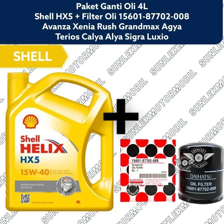 PAKET GANTI OLI 4L SHELL HELIX HX5 CALYA AYLA SIGRA GRANDMAX + FILTER OLI DAIHATSU 15601-87702-008 RUSH TERIOS AVANZA XENIA