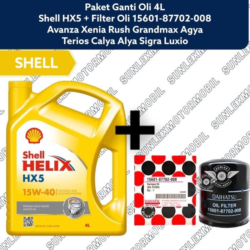 PAKET GANTI OLI 4L SHELL HELIX HX5 CALYA AYLA SIGRA GRANDMAX + FILTER OLI DAIHATSU 15601-87702-008 RUSH TERIOS AVANZA XENIA 0