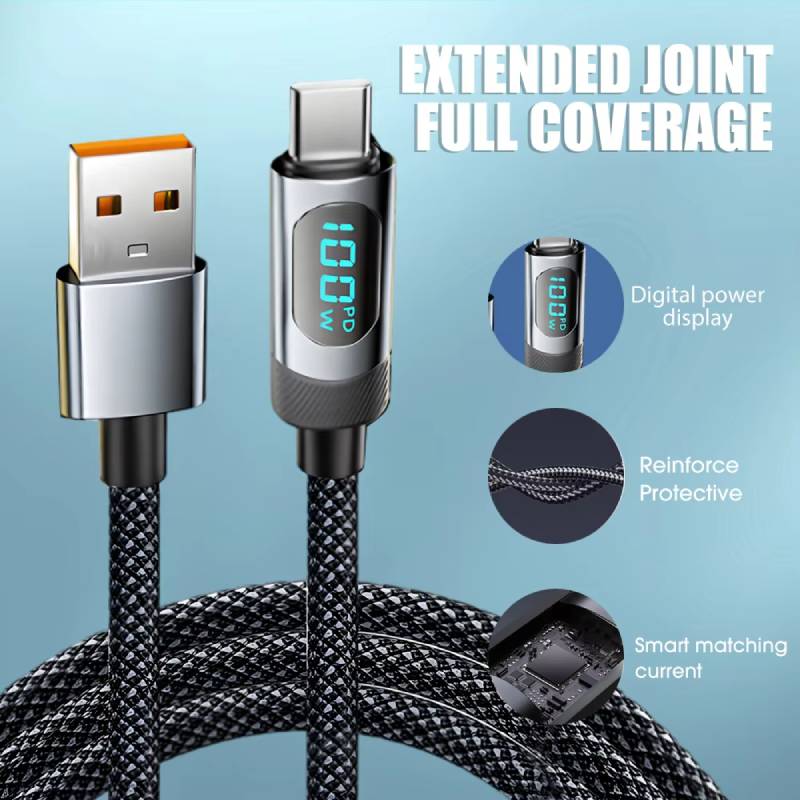 Reabol 100W LED Digital Display Super Fast Charging USB A To Type C Cable for Samsung Xiaomi Huawei