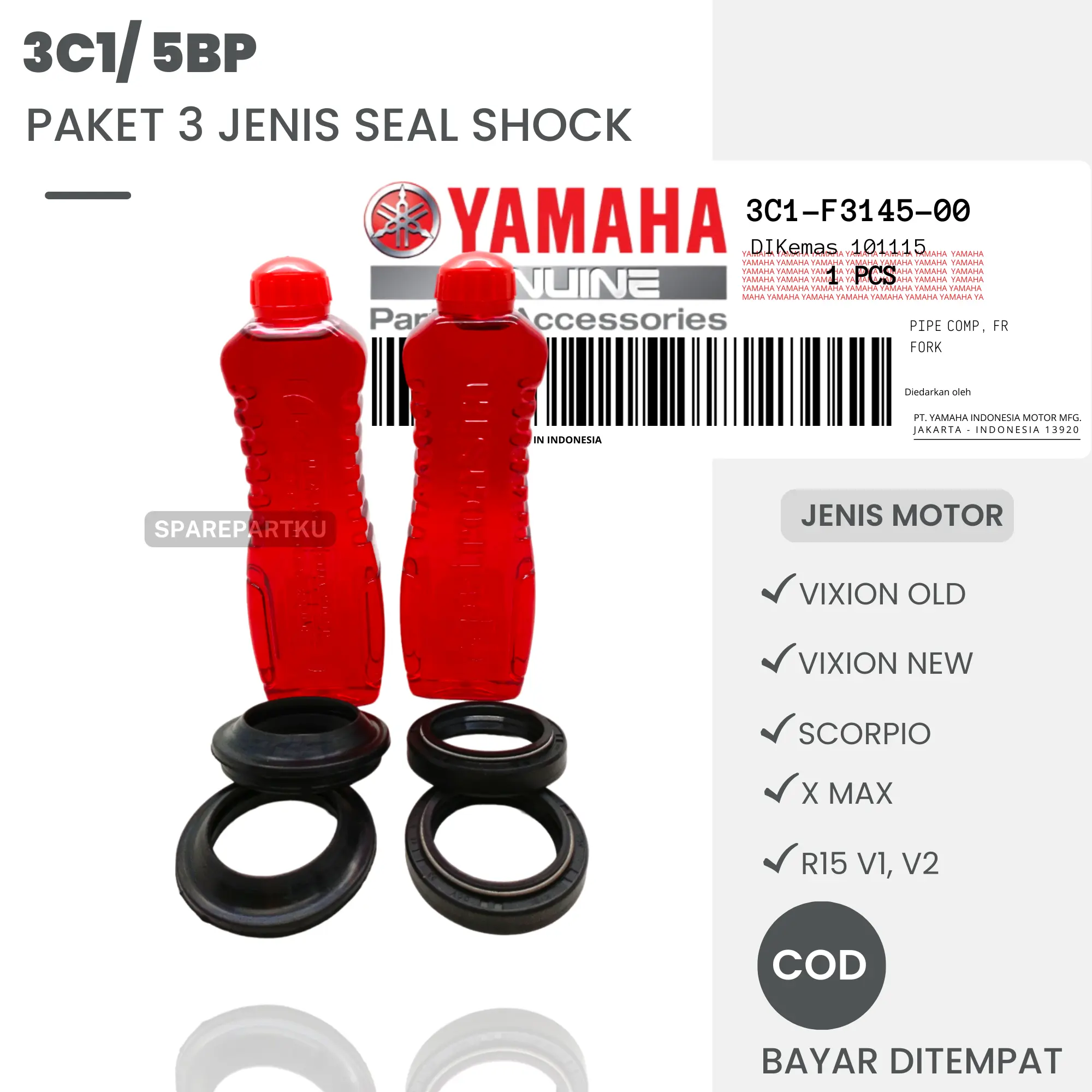(3C1) PAKET 3 JENIS SEAL SHOCK + SEAL TUTUP ABU + OLI SHOCK VIXION NEW, VIXION OLD, SCORPIO