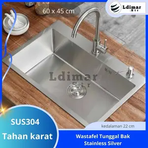 [ FLASH SALE ] - Bak Cuci Piring Stainless 1 Lubang Silver Kitchen Sink Komplit dengan Set Keranjang dan Kran Tarik Kitchenware