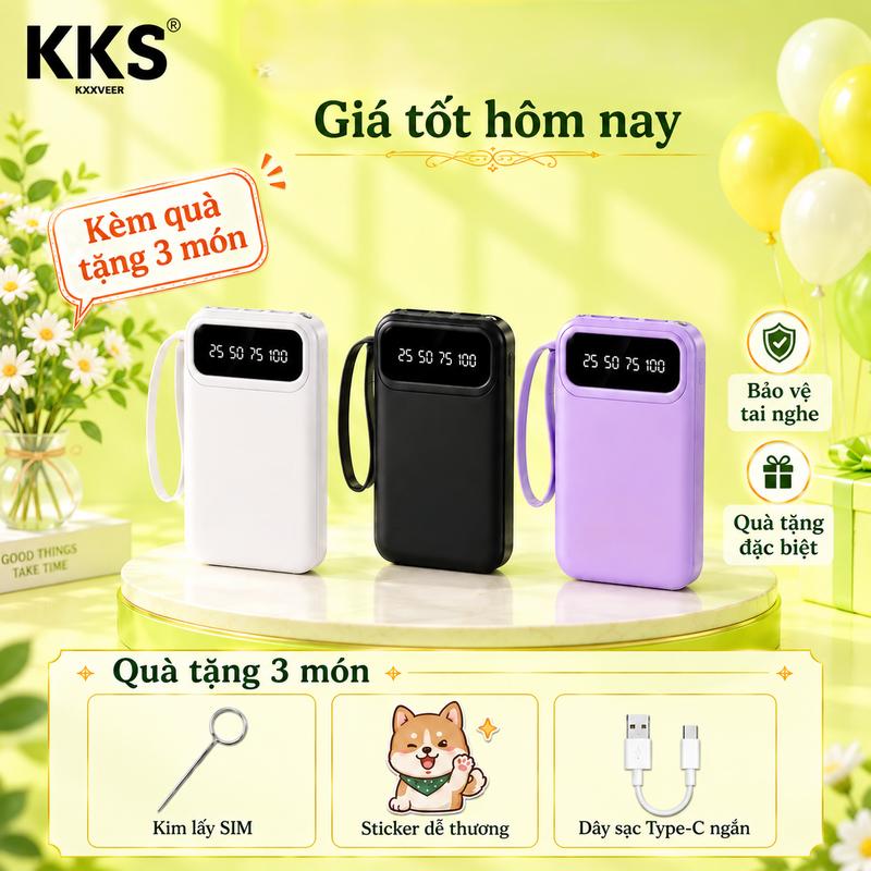 [KKS2026] Sạc dự phòng 20000mAh thiết kế hiện đại, có màn hình hiển thị pin rõ nét, sạc an toàn ổn định, nhiều màu lựa chọn, kiểu dáng gọn nhẹ, với 4 dây cáp type c, lightning, micro, usb