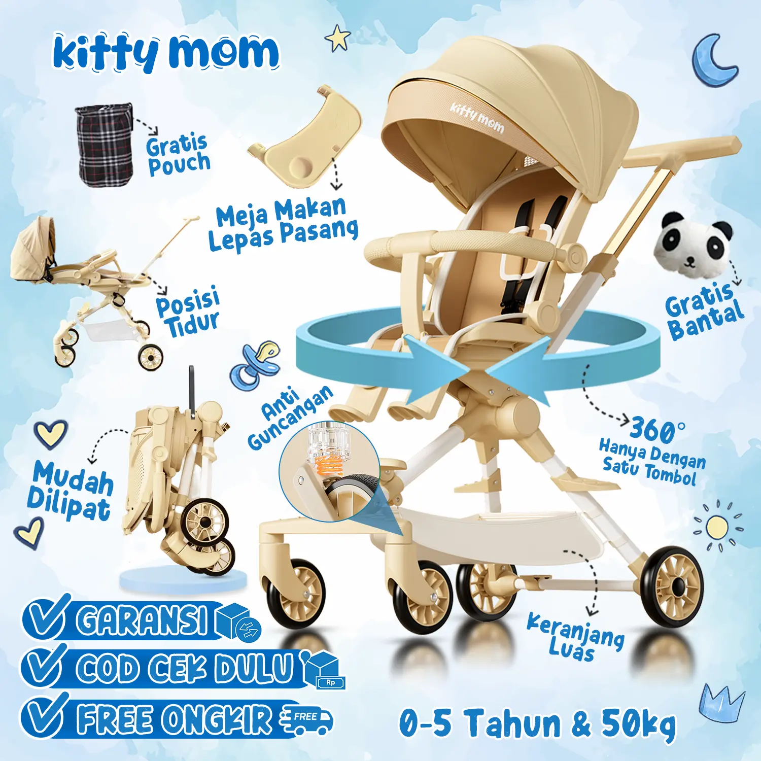 Kitty Mom - Stroller Bayi Balita Anak Travelling 2 Arah Newborn Premium Dapat Dilipat dan Berbaring Dorong Cabin