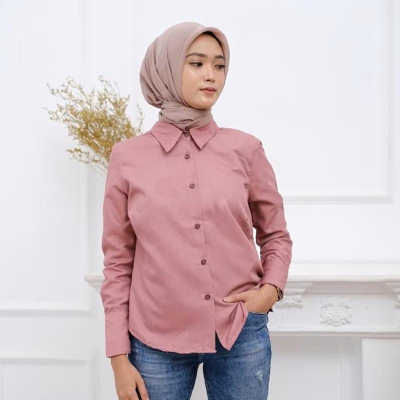 Baju Atasan Kemeja Shakilla Wanita Casual Motif Polos Lengan Panjang Kancing Aktif 2