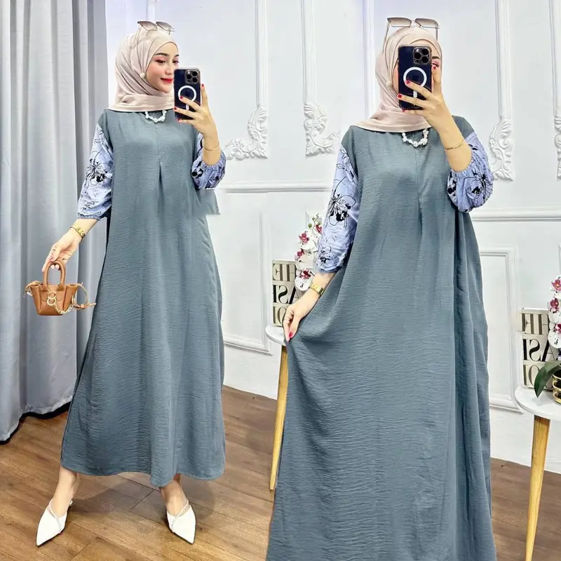 GAMIS KOMBINASI RAYON BUSUI FRIENDLY JUMBO SIZE LD120 Bunga Muslim Dress Nyaman Panjang Crinkle Garis • simpel Airflow Midi Ruffle Kotak 1