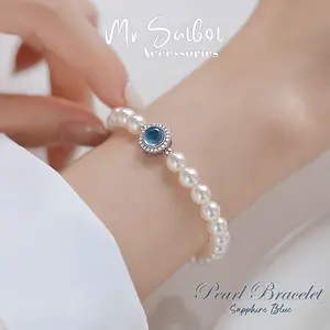 Gelang Tangan Wanita Aquamarine Mutiara Putih Manik-manik Sapphire Blue