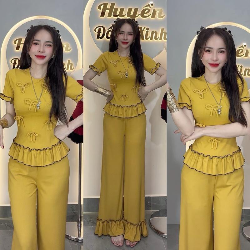  Mã C301 Sét Áo Cổ Tròn Có Tay Đơn Giản Đính Nơ Quần Suôn Bèo Thun Gân Tăm Lạnh 