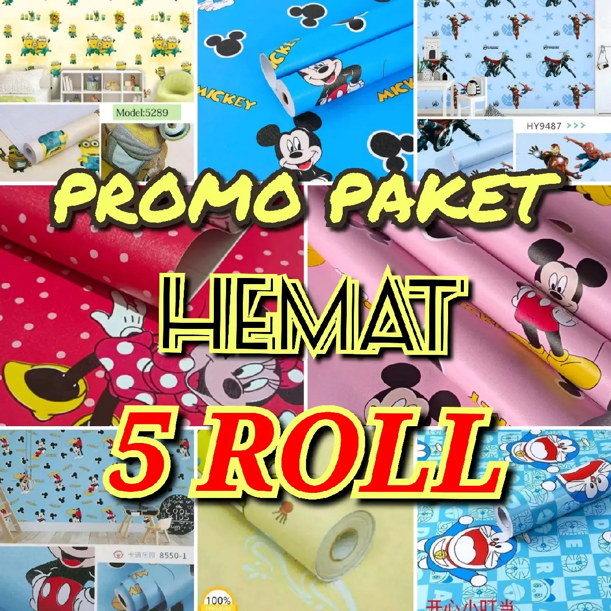 Paket Hemat 5 Roll Wallpaper Sticker Dinding Karakter Doraemon Mickey Mouse Minnie Mouse Dekorasi Kamar Anak Kamar Tidur Anak Ruang Belajar Kertas PVC