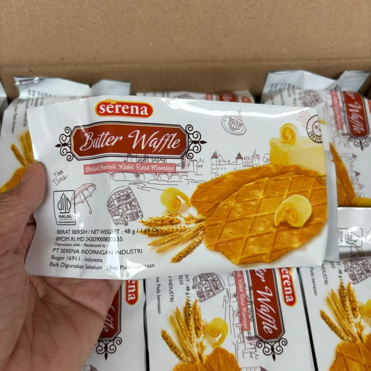 Agen distributor makanan ringan snack cemilan anak biskuit serena butter waffle bentuk wafel rasa mentega pack murah