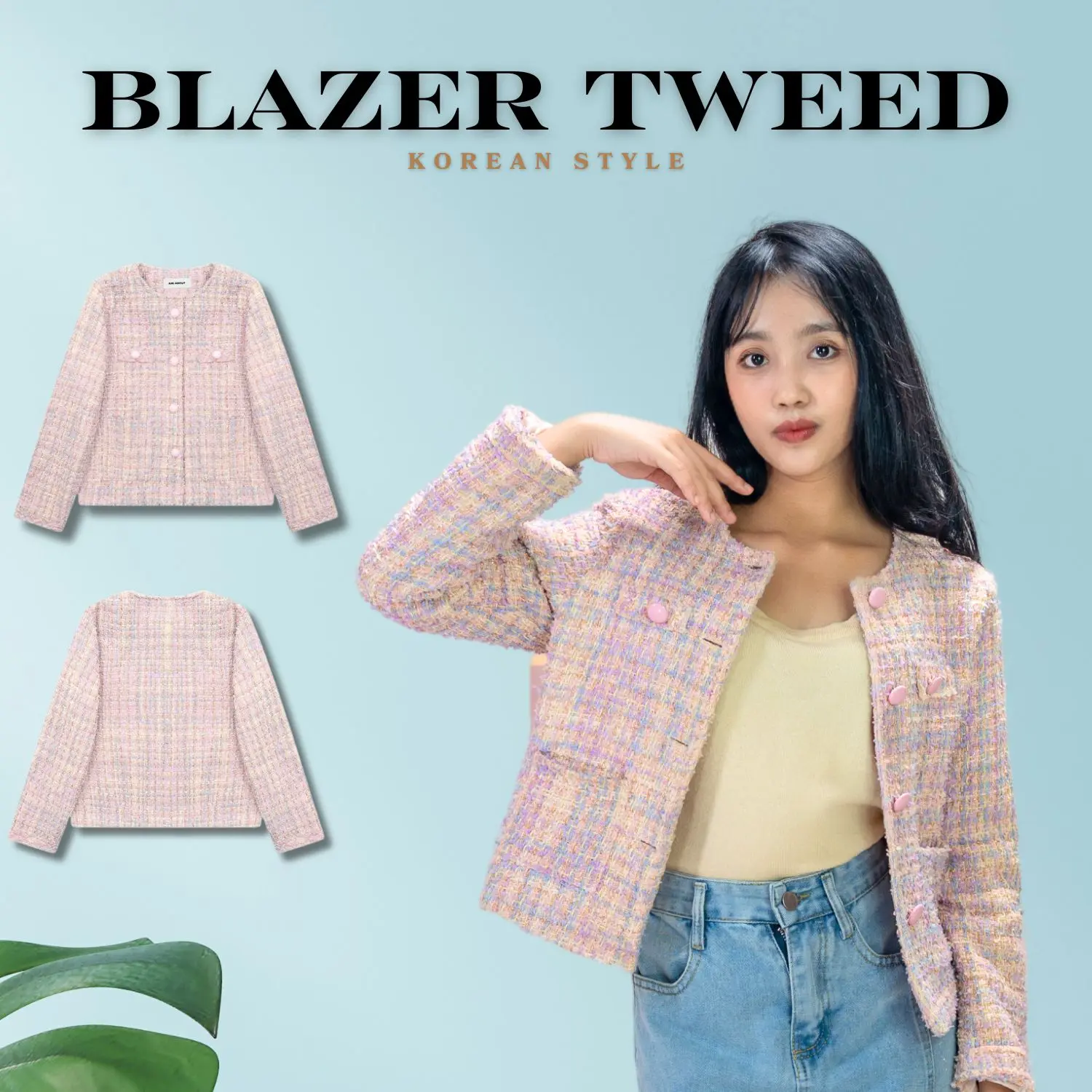 FOLADY - P456 Atasan Blazer Tweed Rainbow Wanita Import Lengan Panjang Full Kancing Dua Saku Hidup Simple Elegant Ala Korea Style Bahan Semi Wool Adem Ringan Dipakai Dalaman Full Furing Satin Silk Lembut Halus Premium Casual Outer Cewek Anak Remaja Dewasa