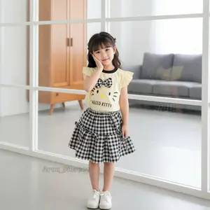 Araa_Store01 Set Rok Model Terbaru Motif Lucu Hello Kitty Usia Anak 1 Sampai 6 Tahun Cocok untuk Bermain dengan Skirt Kotak-Kotak dan Top Kuning Fashion