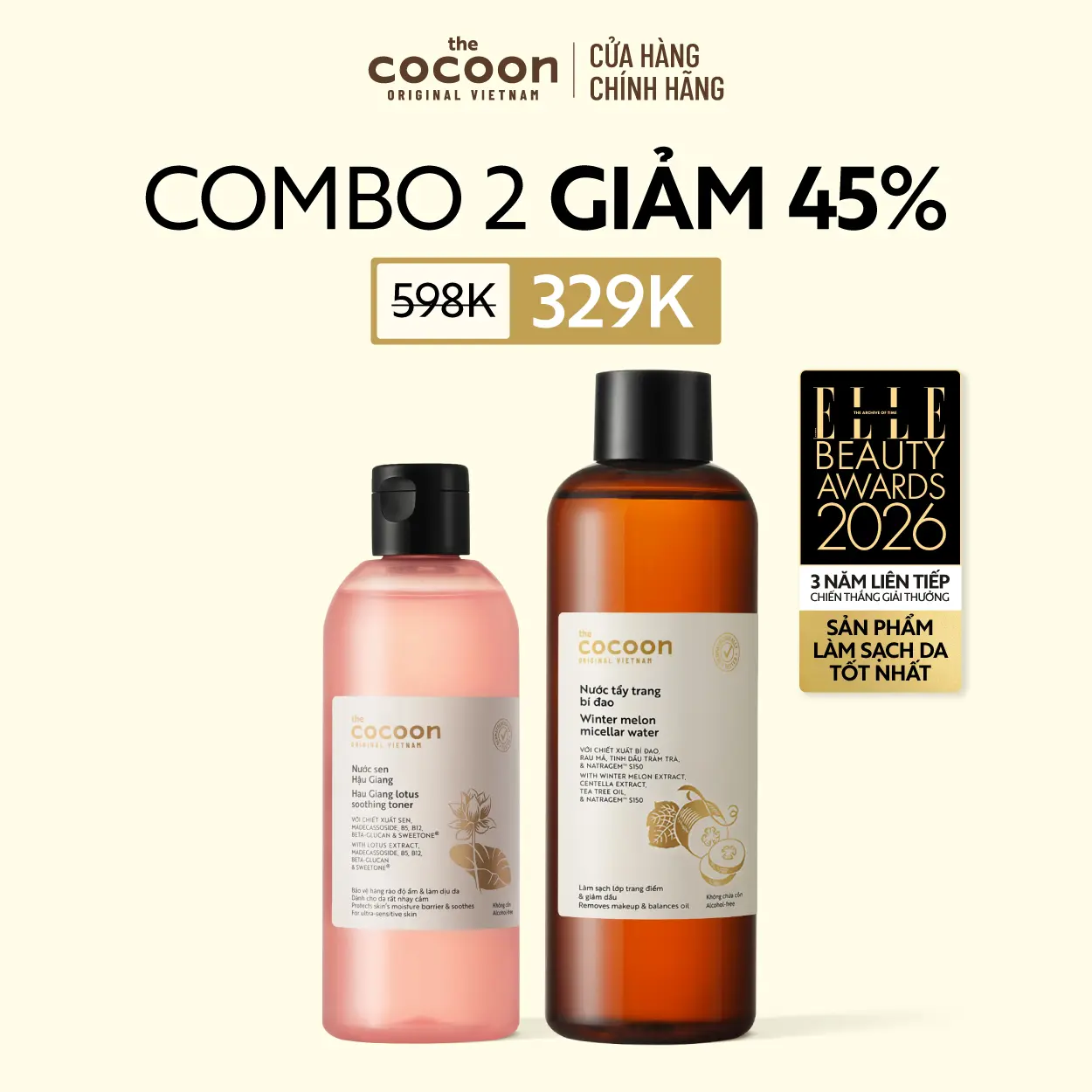 COMBO 1 Bigsize - Nước sen Hậu Giang (toner) Cocoon giúp phục hồi đa nhiệm cho da rất nhạy cảm 310ml + 1 Bigsize Nước tẩy trang bí đao 500ml