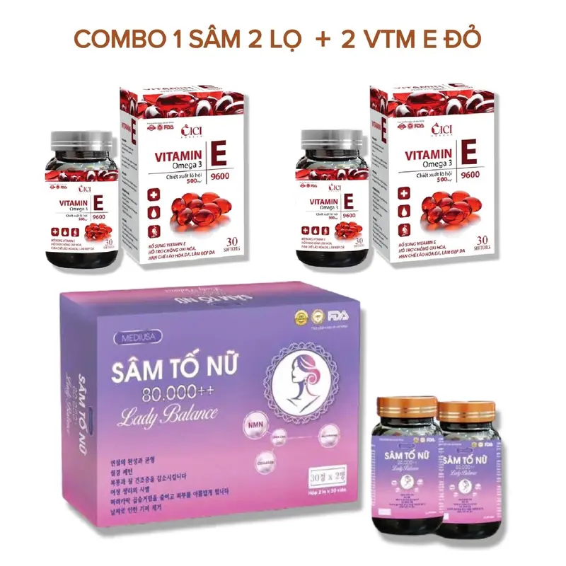 (Mẫu Mới) Combo Viên Uống Sâm Tố Nữ 80.000 - 1 Hộp 2 Lọ Tổng 60 Viên + 2 Hộp Vitamin E Đỏ 0