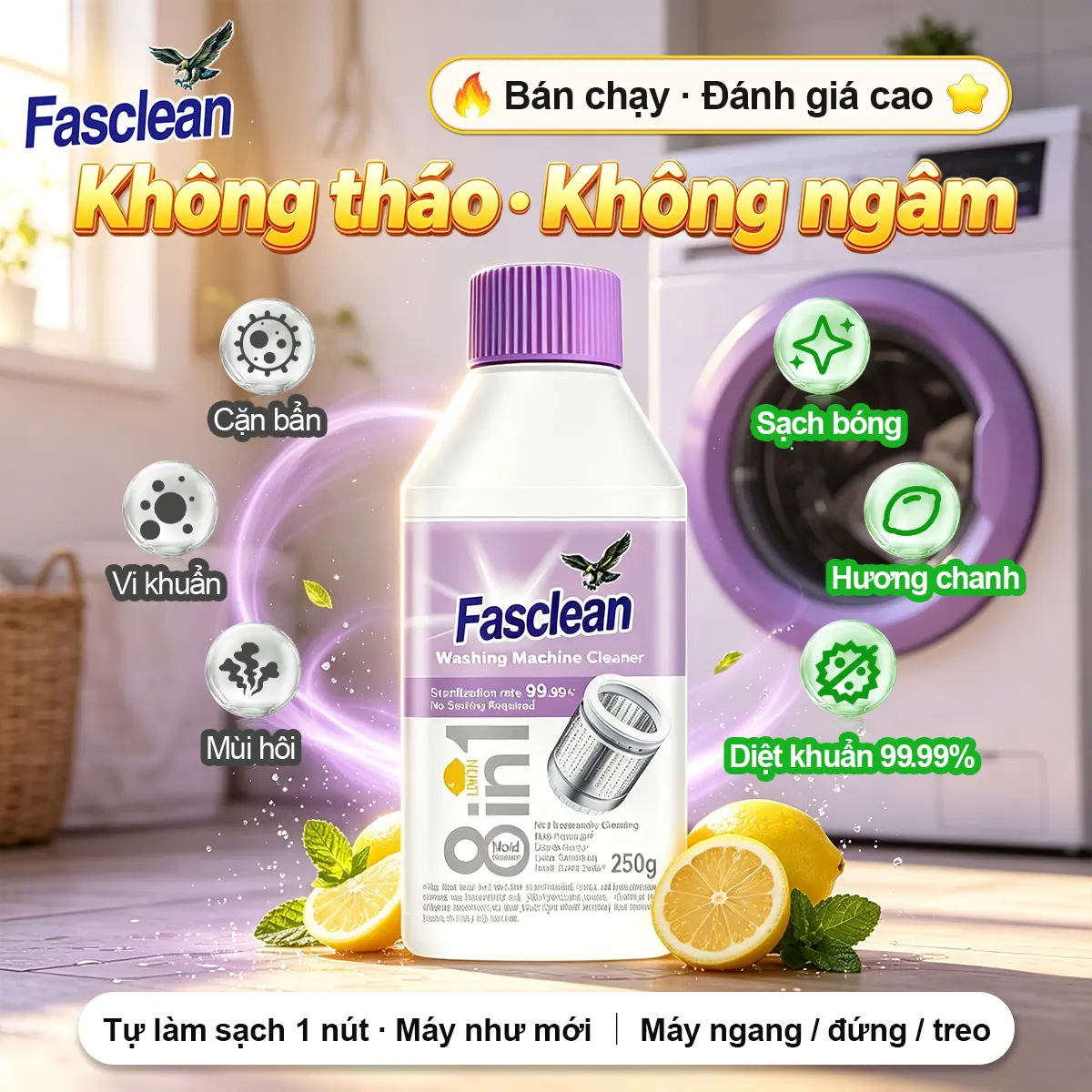 Dung dịch vệ sinh và khử trùng máy giặt không cần ngâm 250g giúp loại bỏ nấm mốc, mạt bụi và mùi hôi Fasclean