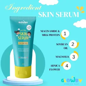 GLOWBY SKIN SERUM 100 ML - Serum Wajah & Tubuh Anak dengan Niacinamide & Milk Protein, Minyak Kedelai, Magnolia & Bunga Arnika untuk Mencerahkan Kulit dan Lindungi dari Sinar Matahari