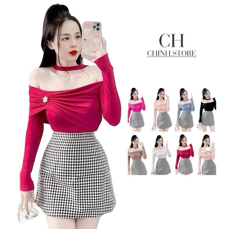 A9- (XÃ KHO HÀNG GIẢM 80%) Áo kèm Tag cài Hoa đá trễ vai thun nhũ tay dài Nữ