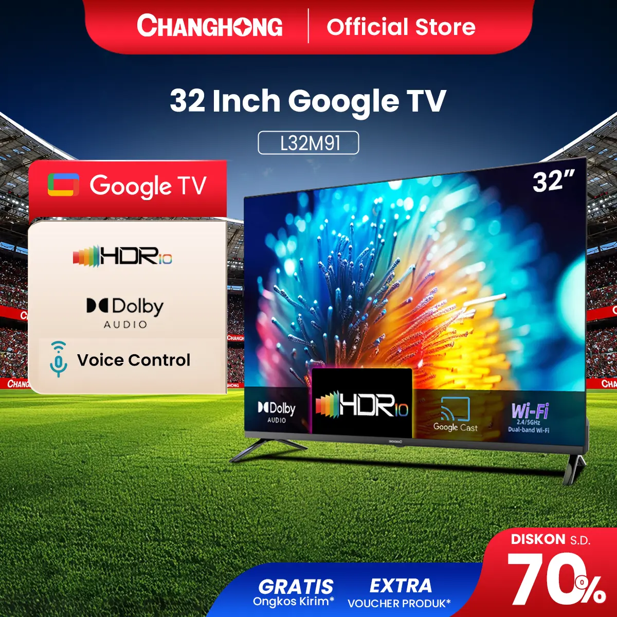 Changhong Smart TV L32M91 Google 32 inch Smart TV Digital TV - HDR10 - Dolby Audio - Netflix - Youtube - Disney+Hotstar - Google Play - WiFi- Android - LED - Remote Voice command - Promo Murah