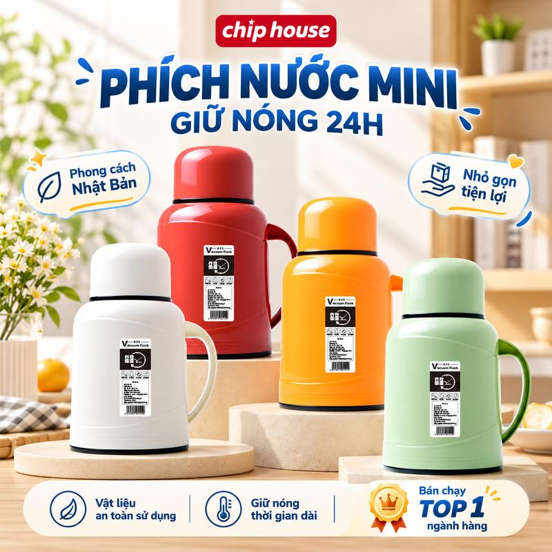Bình Thủy Mini 1L - Ấm Nước Giữ Nhiệt 24h Phích Giữ Nhiệt Mini 1000ml Nhỏ Gọn Tiện Lợi 2 Lớp An Toàn Cho Mọi Người
