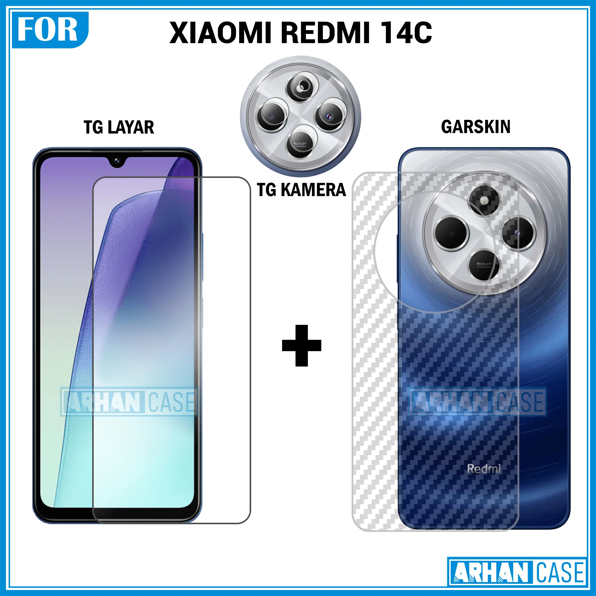 Paket Triple 3in1 Tempered Glass untuk Xiaomi Redmi 14C 14T 14T Pro Garskin 3D Plus Pelindung Lensa Camera