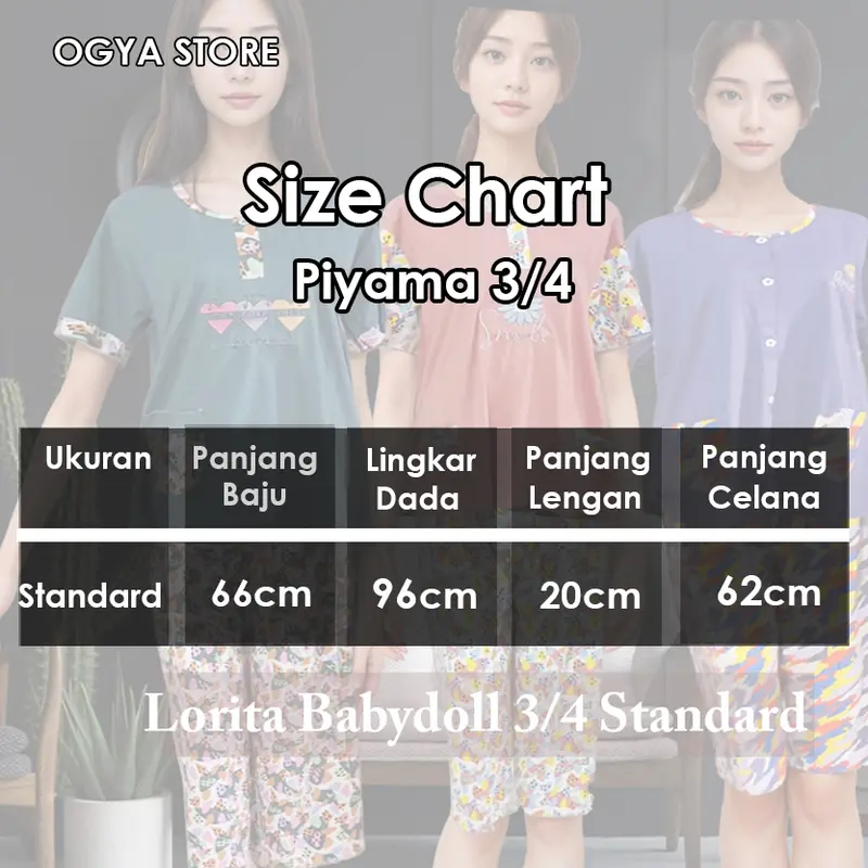 Babydoll -  Baju Tidur Lorita Piyama 3/4 Ukuran Standard Lengan Pendek - Piyama Setelan Wanita Celana Pendek Satin Panjang Katun baju tidur  merk 1