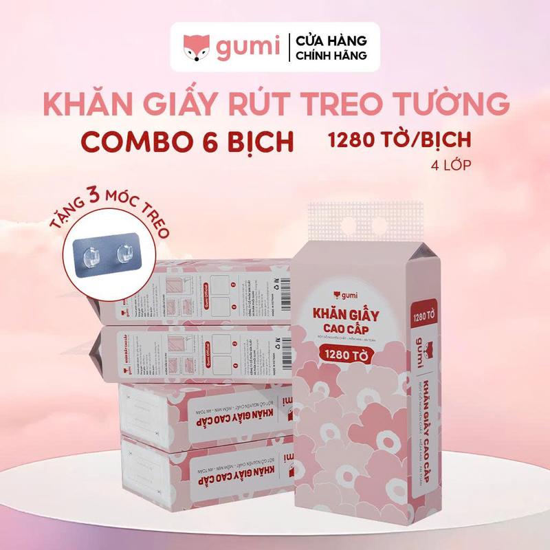 (Mall)(DEAL) Thùng 6 bịch Khăn Giấy Gumi treo tường tiện lợi, an toàn Giấy ăn Gumi (Tặng kèm 3 móc treo tường)