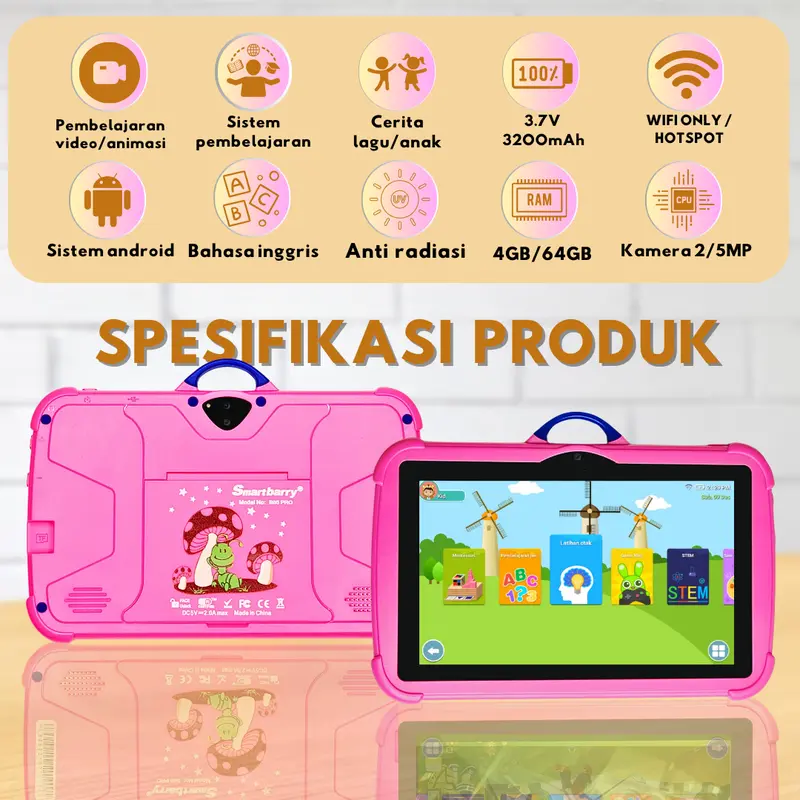 SMARTBERRY KIDS STUDY TAB B89 Plus / B85 Pro / B93 tab 4/128GB / Tablet Anak / Tablet 7 Inch / Tablet PC / Tablet Android 13 / 4/128 GB / 2Camera Bluetooth 4