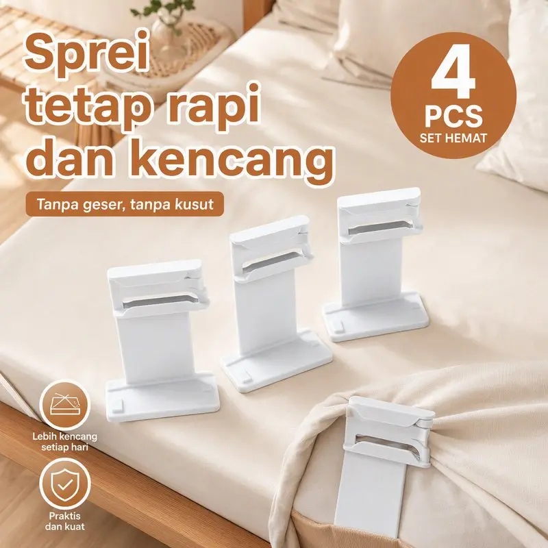 Penjepit Sprei 4PCS Set Bed Sheet Holder Clips Anti Geser Penahan Sudut Kasur Memory Foam Ukuran Single Double Queen King ABS Putih Tahan Cuci