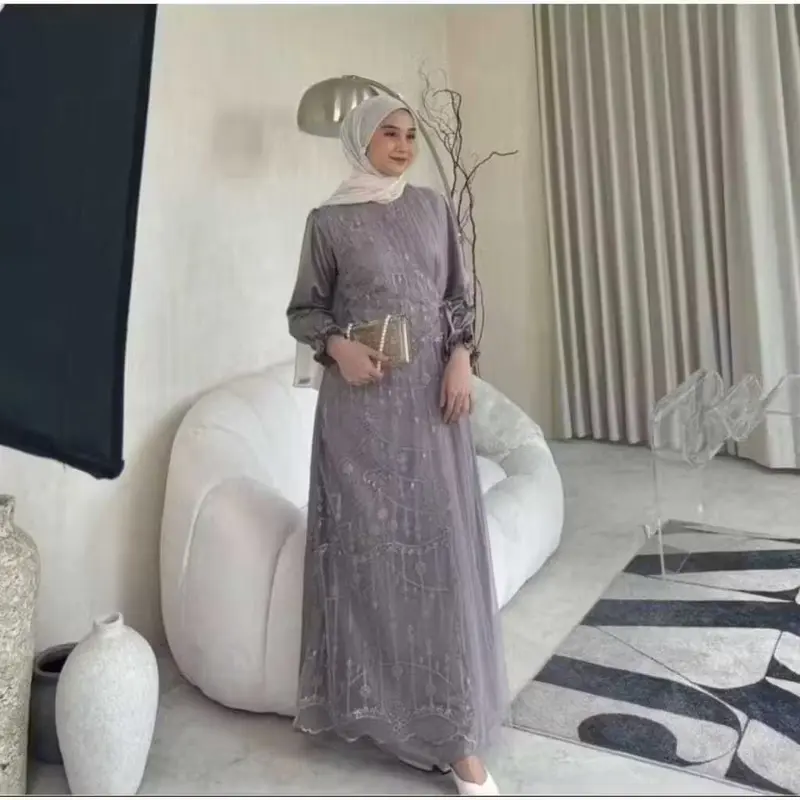 Gamis brokat 2025 model baru Kinar Dress Kondangan Terbaru Bahan Silk Kombinasi Tile Gamis Brukat Pesta Terbaru Warna Burgundy Ukuran S M L XL XXL XXXL Gaun Mewah Wanita Dewasa Lebaran Muslim 2