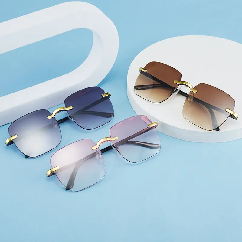 Kacamata Hitam Wanita Korea Tanpa Bingkai Oversized Frameless Sunglasses dengan Perlindungan UV400 Lensa Plastik Eyewear Perempuan 8