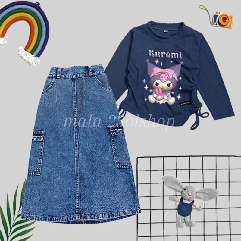 SETELAN ANAK PEREMPUAN / ROK JEANS KARGO & KAOS KNIT SABLON 8
