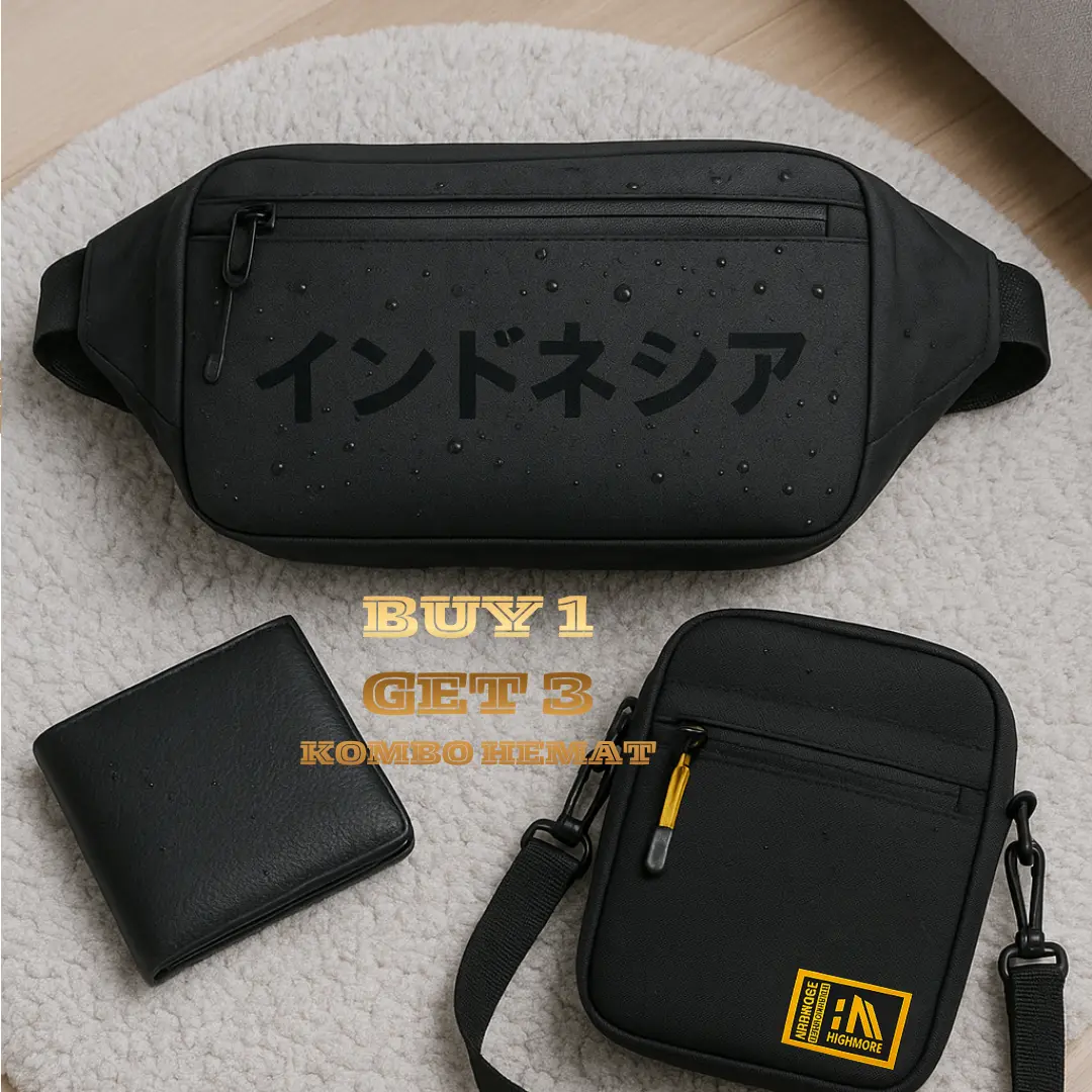 Beli 1 dapat 3 - Promo Super Bundling- Waistbag, Dompet & Tas Selempang Hitam Premium Super Pria