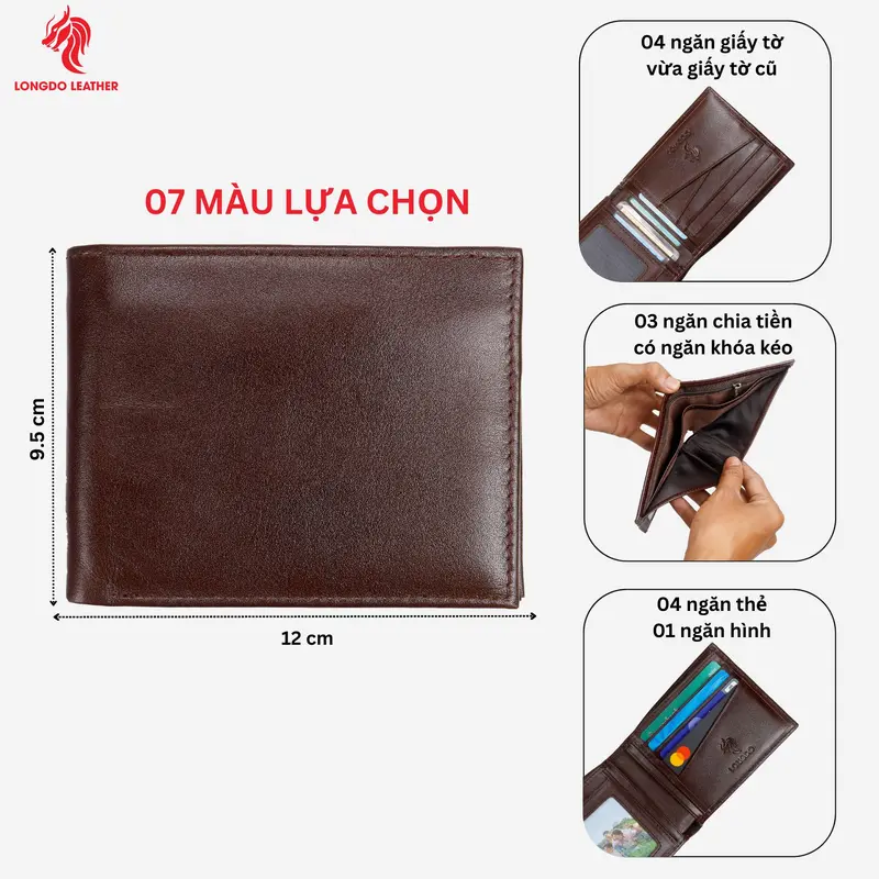 B11 - Bóp da nam da bò thật màu xanh lá, ví ngang gập đôi thương hiệu Longdo Leather - Bảo hành 5 năm 0