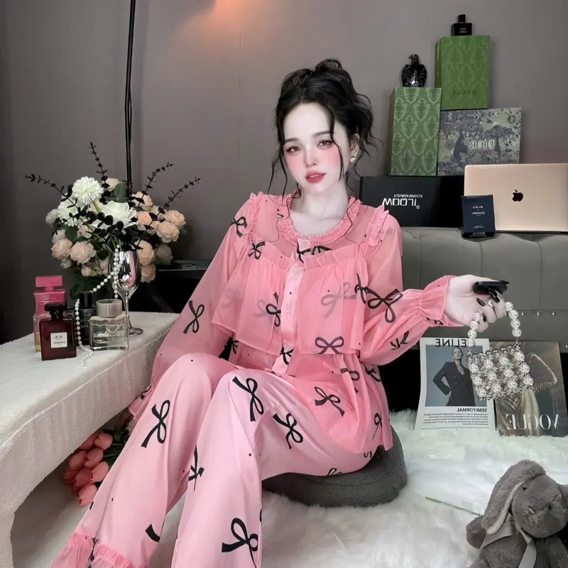 Đồ bộ mặc nhà pijama tay dài quần kiểu dáng đẹp sang chảnh đồ bộ lụa latin tơ tằm mặc nhà Nữ Women Kim Tuyến Áo Voi Tim Voan Nhung