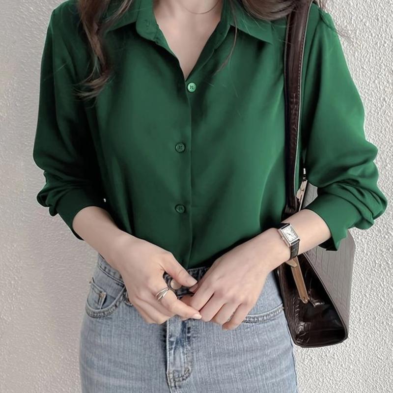 Kemeja Polos Wanita Korean Style Desain Minimalis Lengan Panjang Full Kancing Bahan Shakila Twill Anti Kusut 6