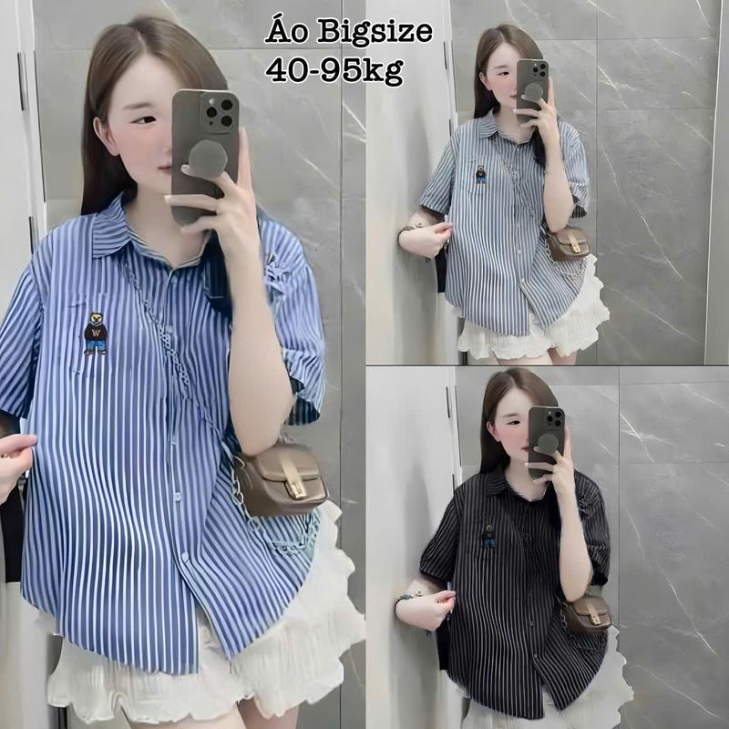 Áo Sơ Mi Nữ Tay Ngắn Kẻ Sọc Thêu Gấu Hack Dáng Bigsize Xinh Đẹp Cao Cấp Dễ Thương Freesize 50-95kg - Chất Liệu Lụa Sọc Cao Cấp Mềm Mịn Mát Size M L XL XXL Giá Rẻ Đủ Size Top Áo Sơ Mi Croptop Women sơ mi nu - 2494
