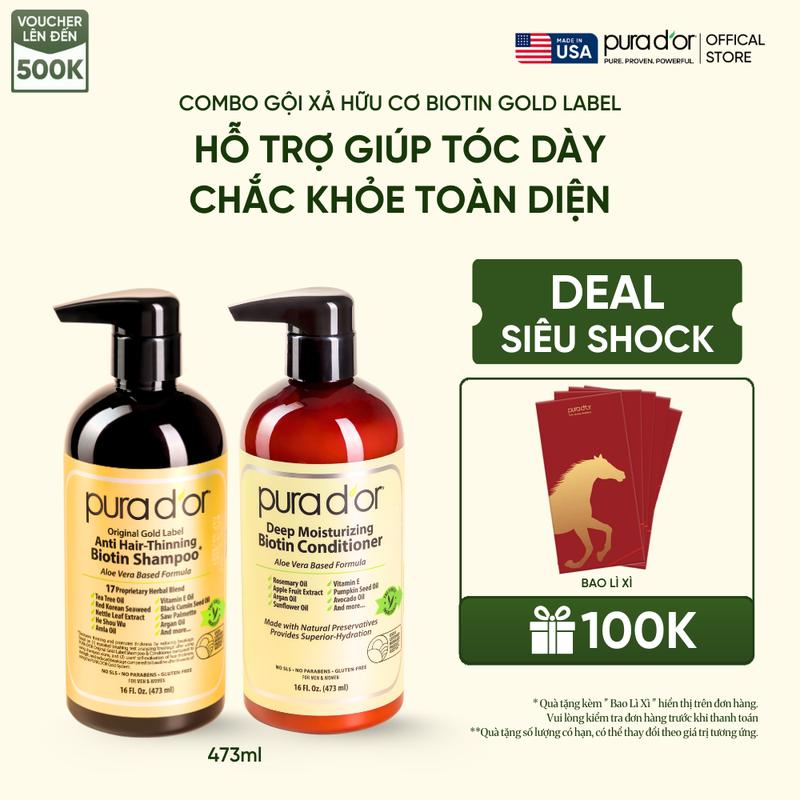 Deal shock 3 Combo Dầu Gội và Dầu Xả Giảm Rụng Tóc Organic Pura D'or Biotin Gold Label 473ML | Chăm Sóc Tóc Chăm Sóc Da Đầu Dưỡng Tóc Hỗ Trợ Mọc Tóc