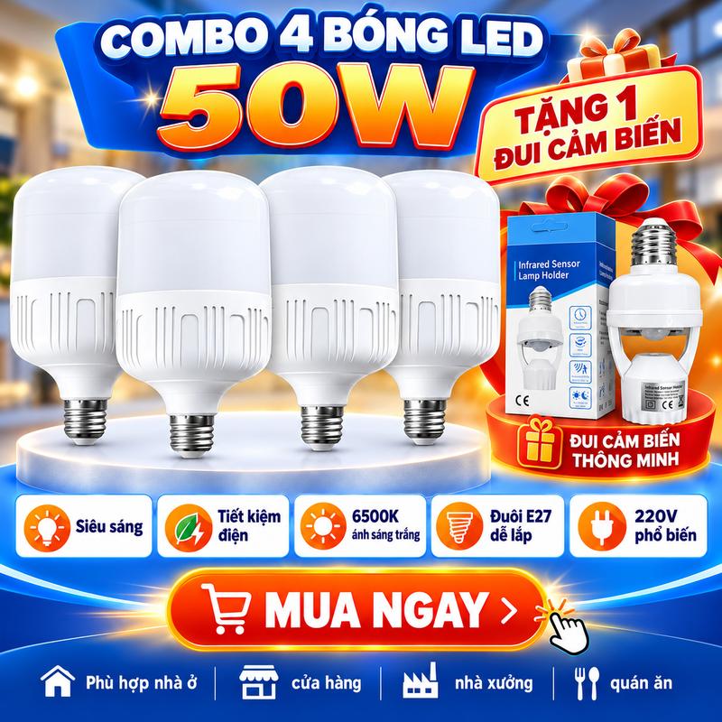 Combo 4 Bóng Đèn LED 50W LUMI Đui E27 Điện 220V, Ánh Sáng Trắng, Tuổi Thọ 30.000 Giờ