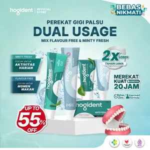Hogident Krim/Lem Perekat Gigi Palsu Mix Flavour Free & Minty Fresh Kuat 20 Jam Mencegah Bau Mulut Gusi Bengkak & Gigi Berlubang Perawatan Harian