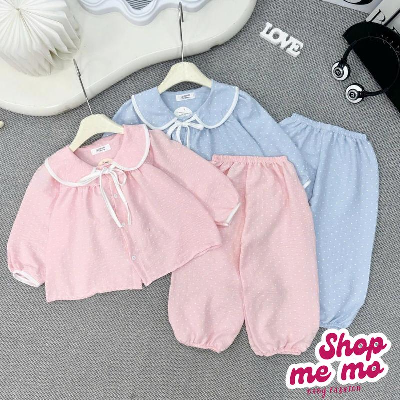   Shopmemo  8-25kg Bộ Pijama Dài Tay Mặc Nhà Chất Đũi Hàn Mềm Mát Họa Tiết Chấm Bi Mặc Thoải Mái Cho Bé Gái Dễ Thương Siêu Xinh  Nhận làm theo yêu cầu  