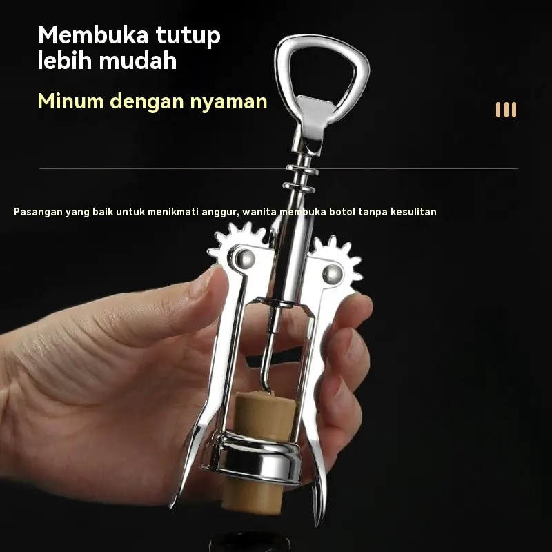 Pembuka botol anggur multifungsi ini sangat cocok untuk penggunaan di rumah, untuk membuka botol anggur dan bir. Dilengkapi dengan pembuka gabus dan pemotong gabus.