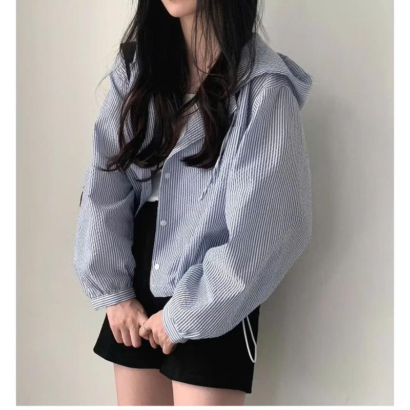 Áo sơ mi dài tay oversize dáng ngắn, áo khoác mỏng croptop dáng rộng đi biển phong cách Y2K_Q10